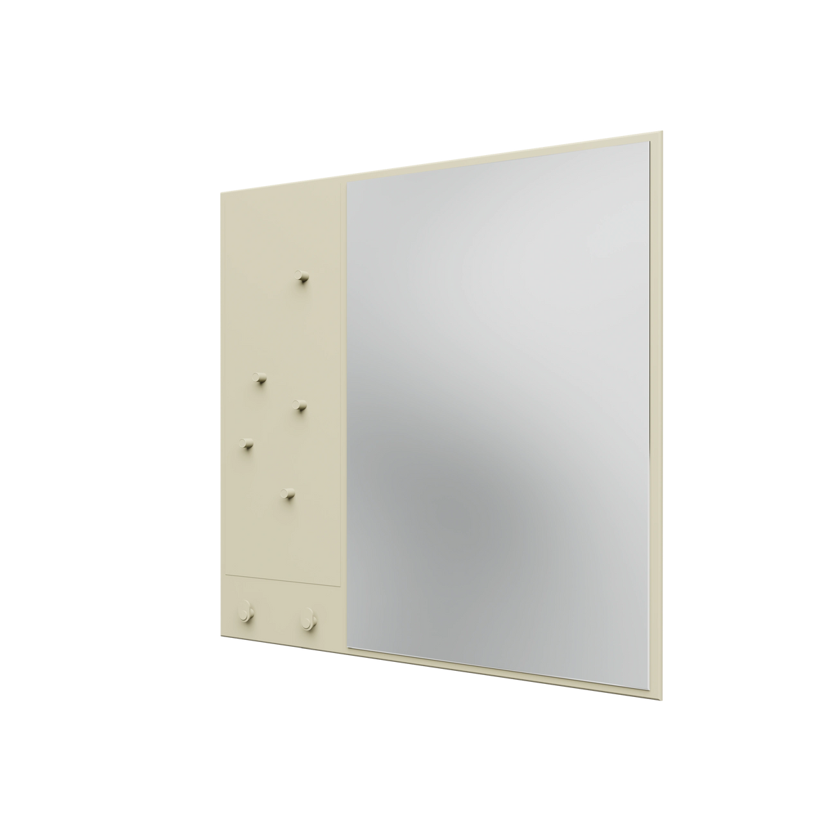 Miroir Memo Montana, laque 150 Vanilla, suspendu au rail mural, vue de trois quarts sur fond blanc