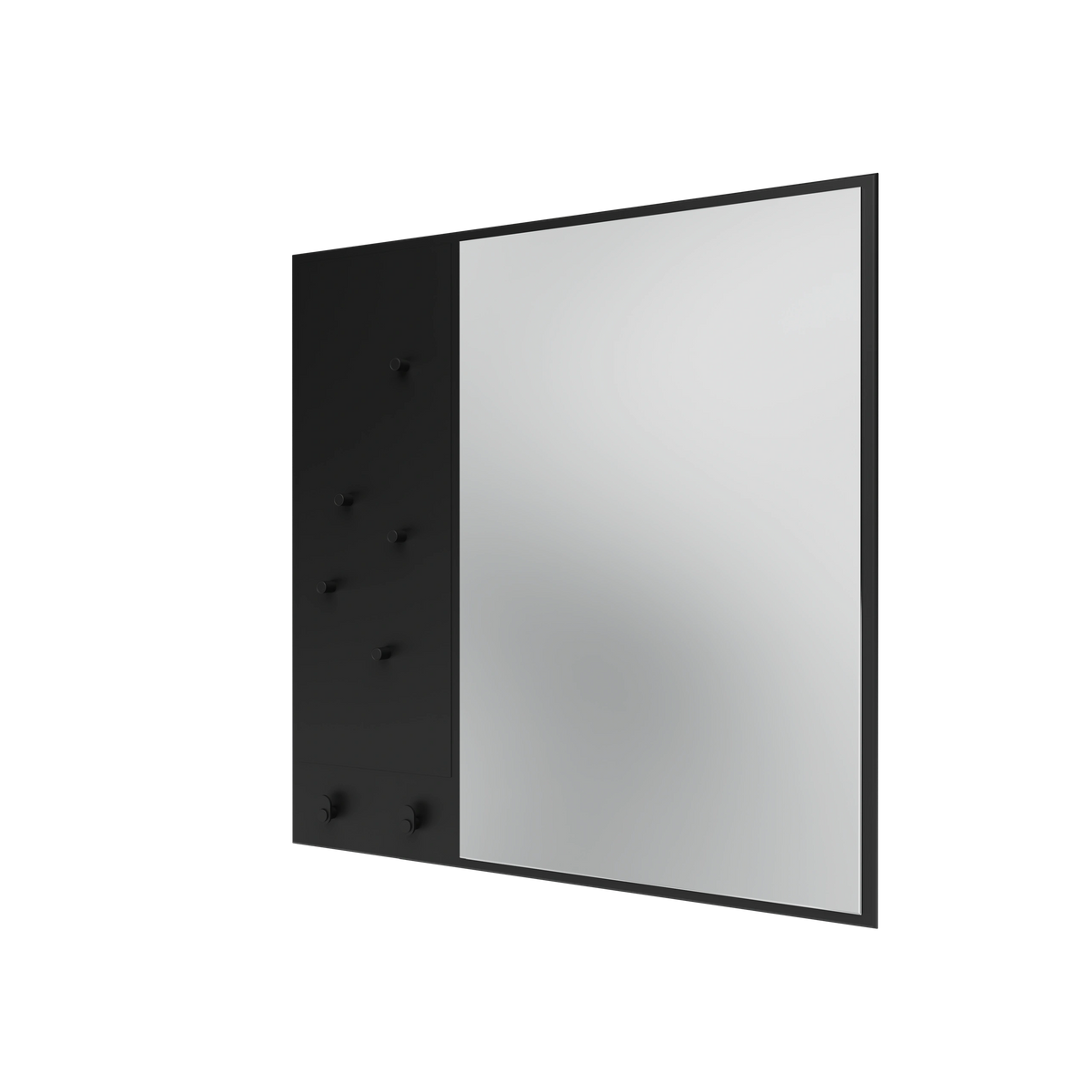 Miroir Memo Montana, laque 05 Black, suspendu au rail mural, vue de trois quarts sur fond blanc