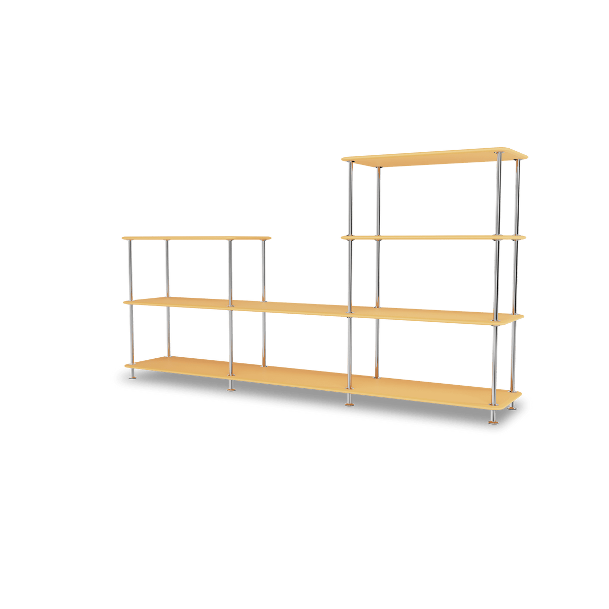 Etagère Free 312000 Montana, tablettes 233 Acacia et structure 44C Chrome, vue de trois quarts sur fond blanc