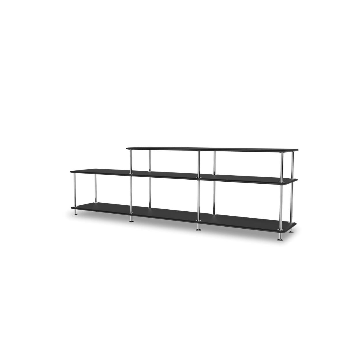 Etagère Free 111220 Montana, tablettes 207 Black et structure 44C Chrome, vue de trois quarts sur fond blanc