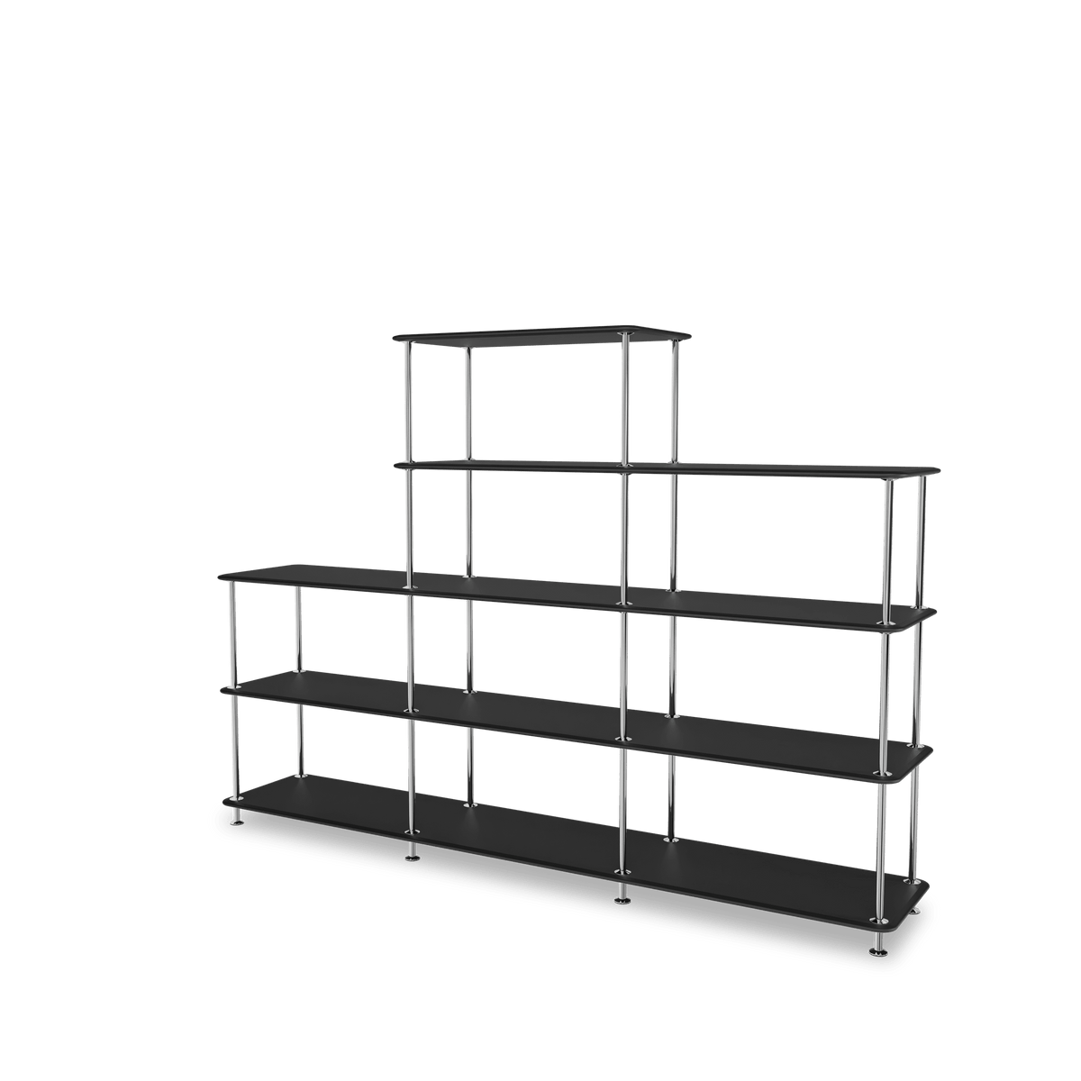 Etagère Free 342000 Montana, tablettes 207 Black et structure 44C Chrome, vue de trois quarts sur fond blanc