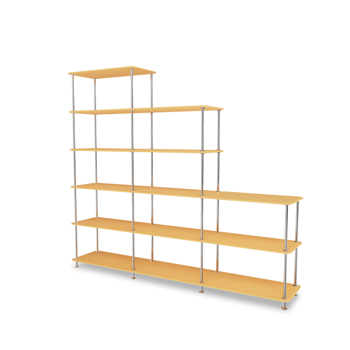 Etagère Free 542000 Montana, tablettes 233 Acacia et structure 44C Chrome, vue de trois quarts sur fond blanc