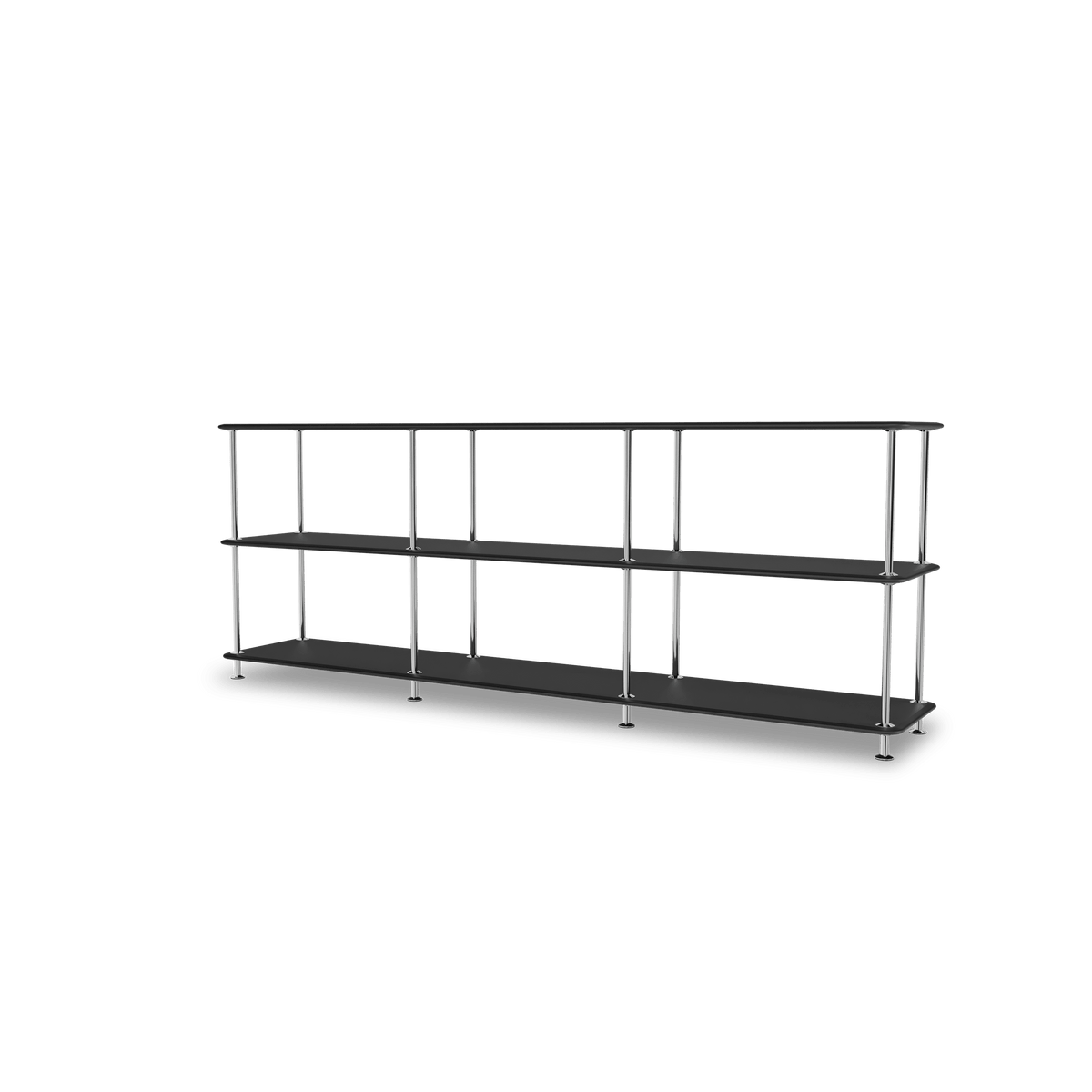 Etagère Free 222000 Montana, tablettes 207 Black et structure 44C Chrome, vue de trois quarts sur fond blanc