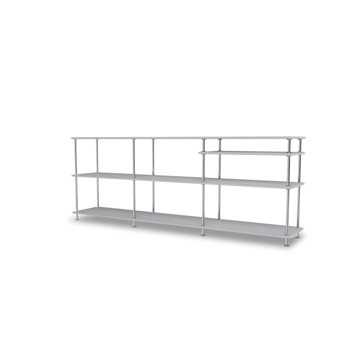 Etagère Free 222100 Montana, tablettes 209 Fjord et structure 44C Chrome, vue de trois quarts sur fond blanc