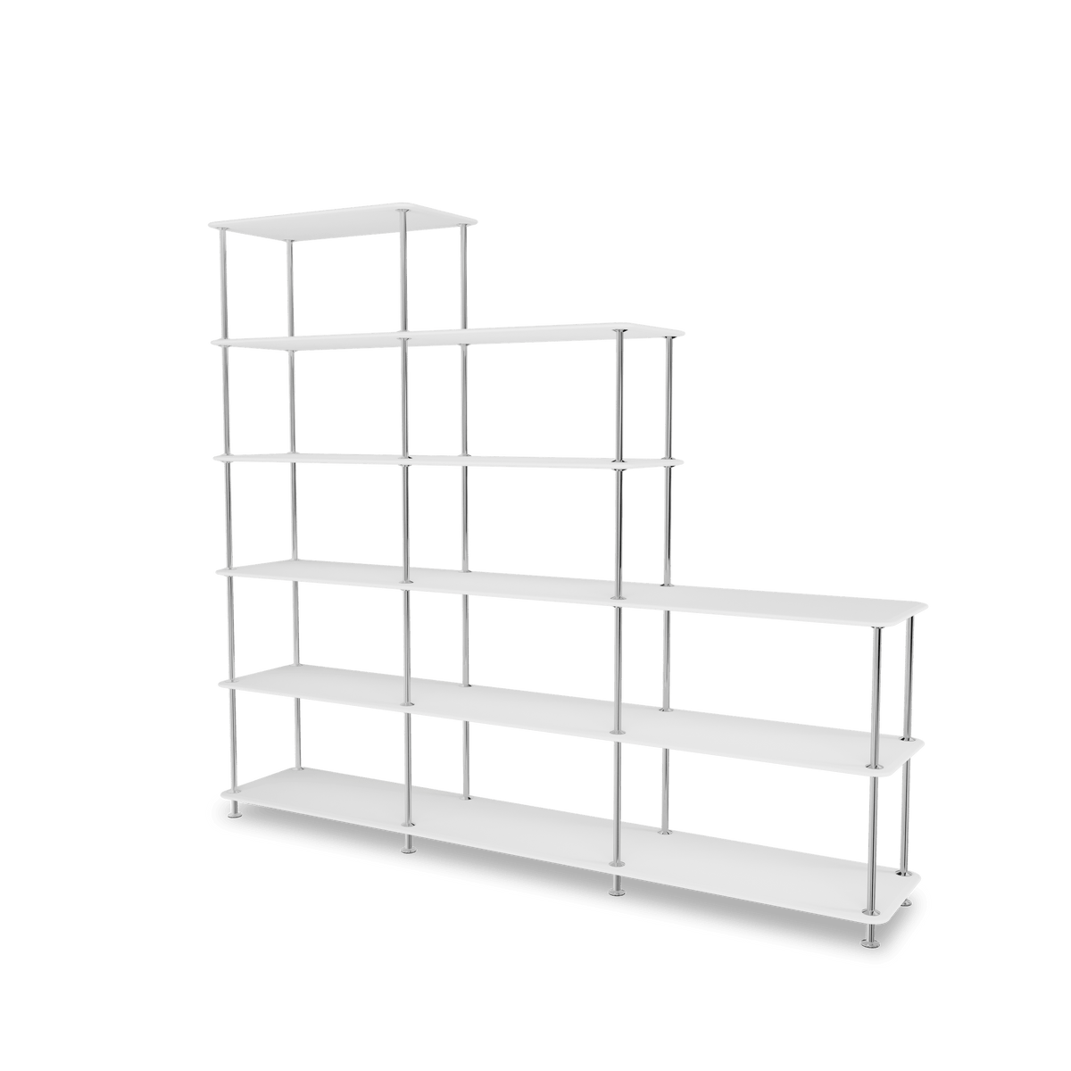Etagère Free 542000 Montana, tablettes 214 New White et structure 44C Chrome, vue de trois quarts sur fond blanc