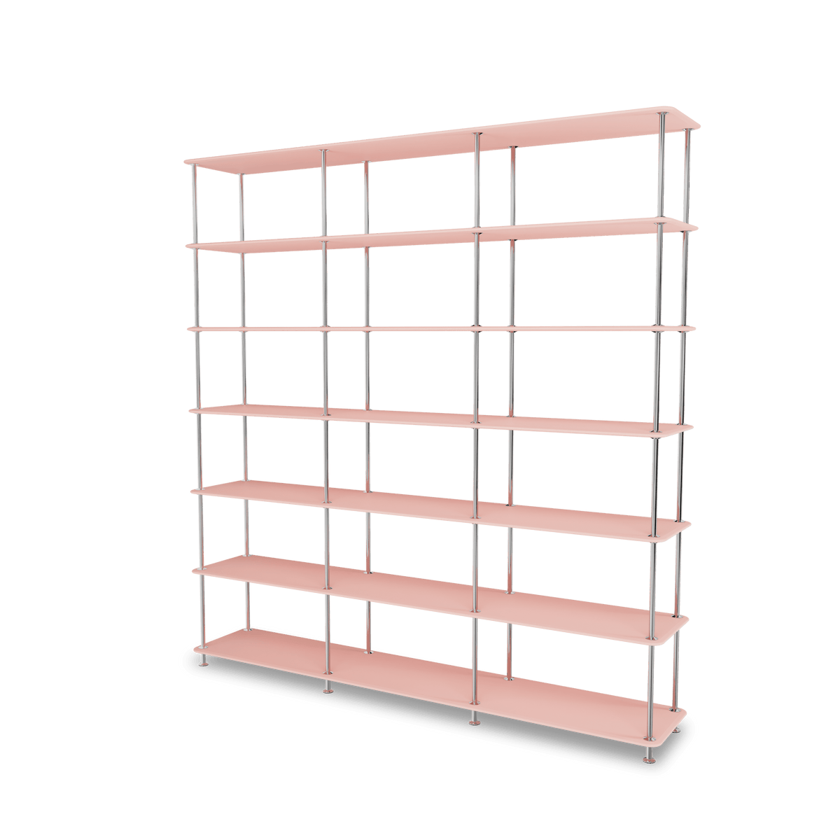 Etagère Free 666000 Montana, tablettes 167 Ruby et structure 44C Chrome, vue de trois quarts sur fond blanc