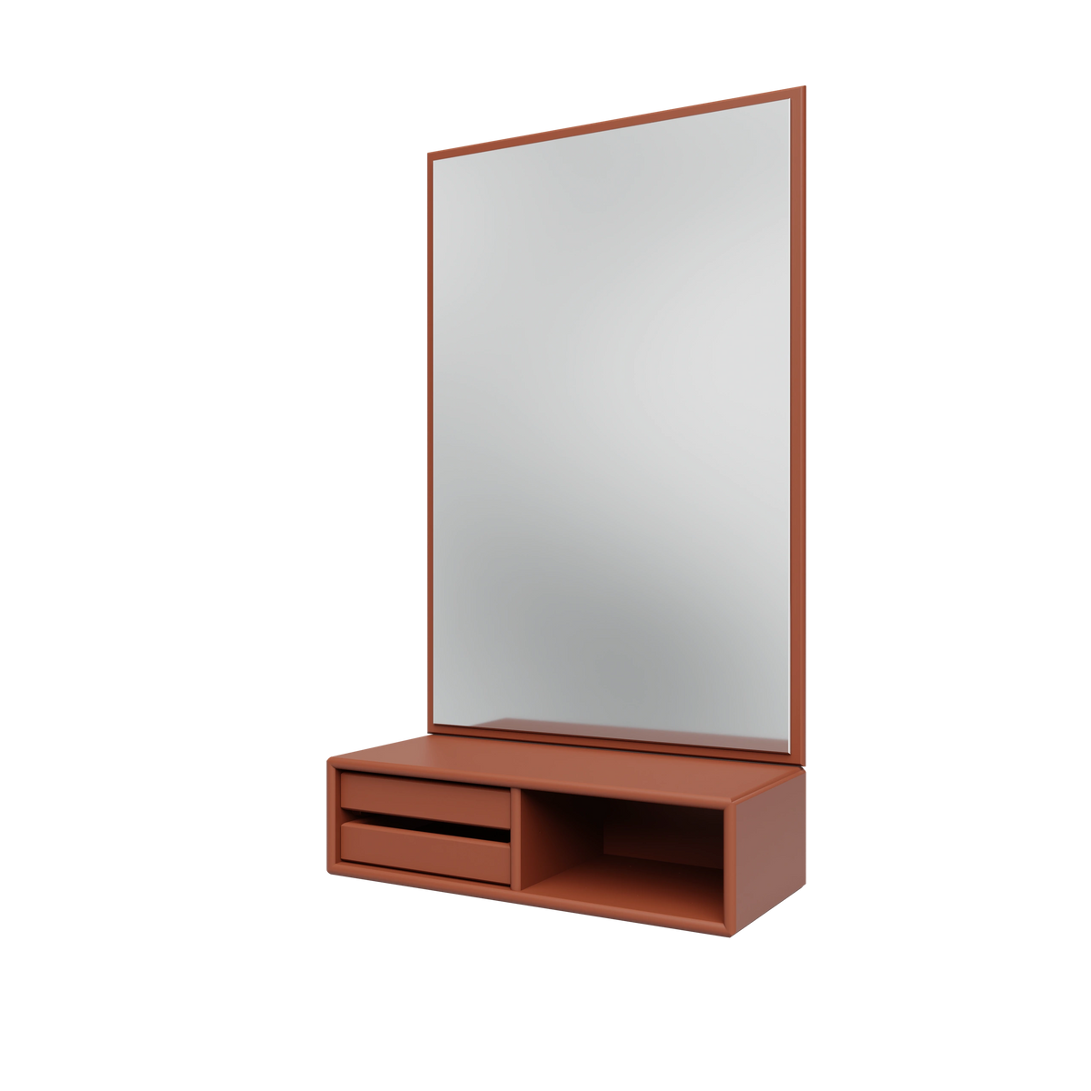 Miroir Glance Montana, laque 146 Hazelnut, suspendu au rail mural, vue de trois quarts sur fond blanc
