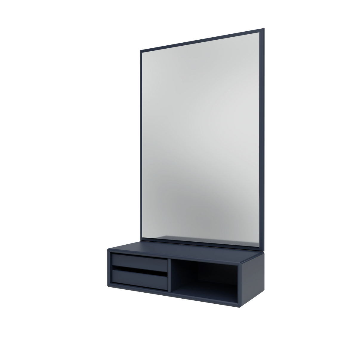 Miroir Glance Montana, laque 147 Shadow, suspendu au rail mural, vue de trois quarts sur fond blanc