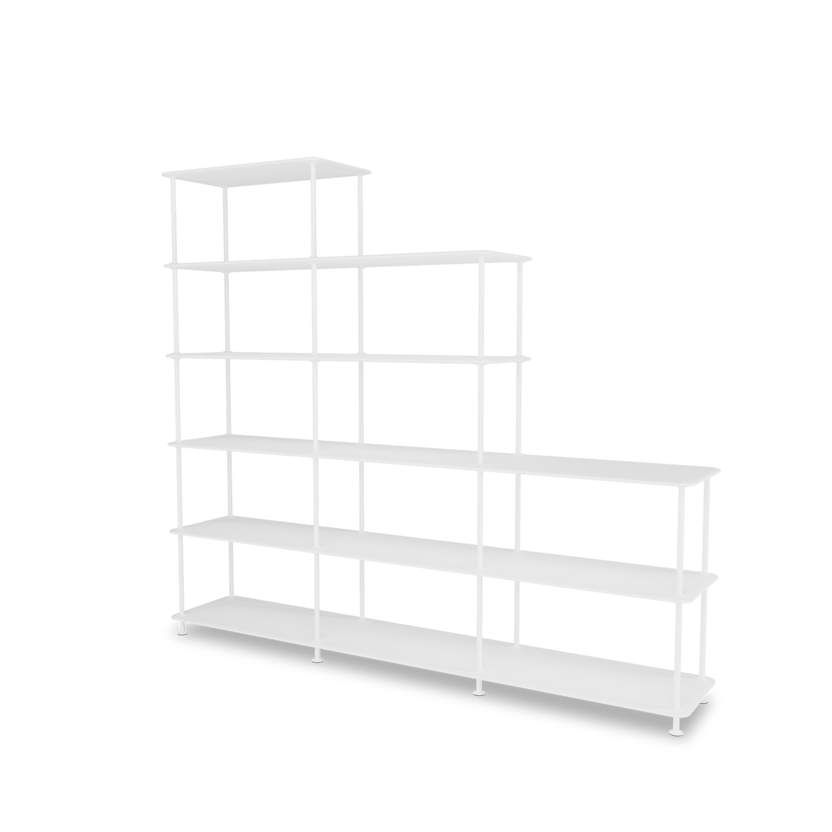 Etagère Free 542000 Montana, tablettes 214 New White et structure 101 New White, vue de trois quarts sur fond blanc