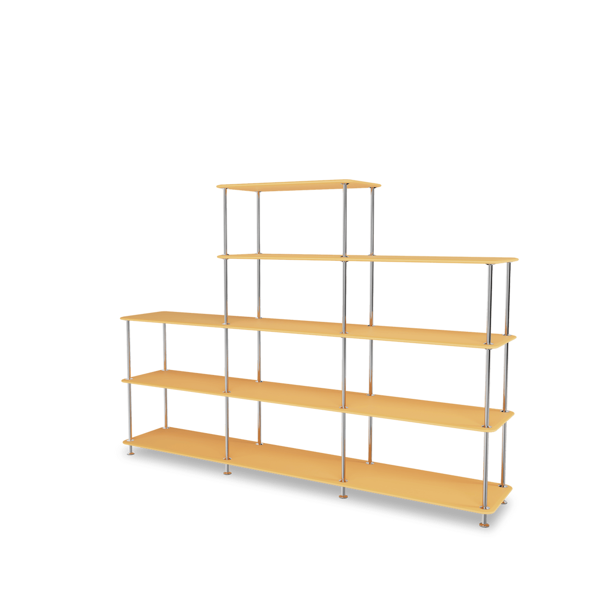 Etagère Free 342000 Montana, tablettes 233 Acacia et structure 44C Chrome, vue de trois quarts sur fond blanc