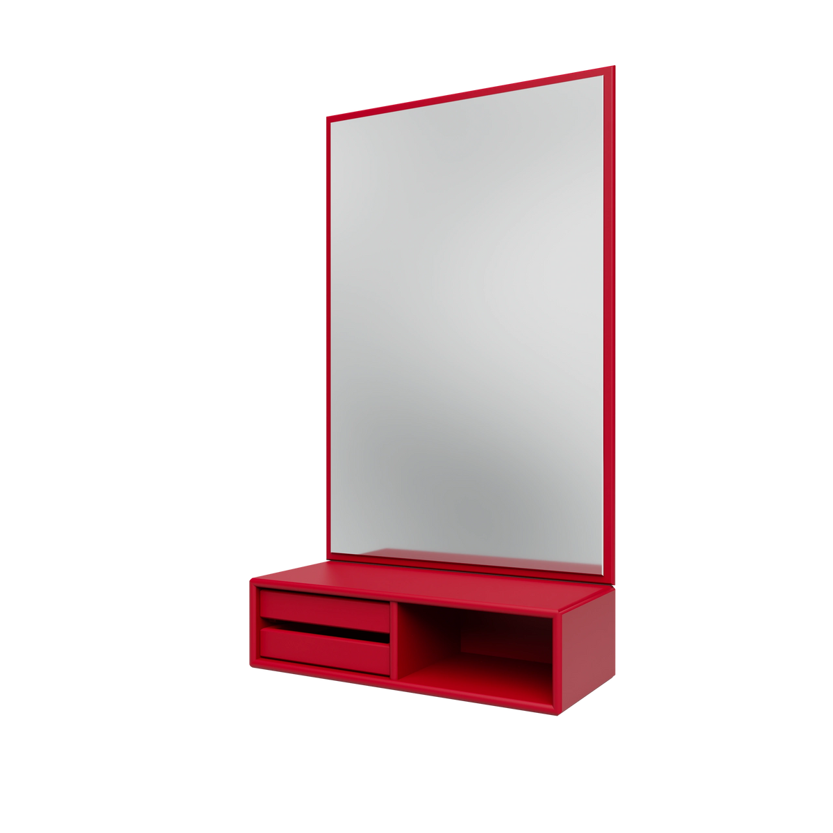 Miroir Glance Montana, laque 165 Beetroot, suspendu au rail mural, vue de trois quarts sur fond blanc