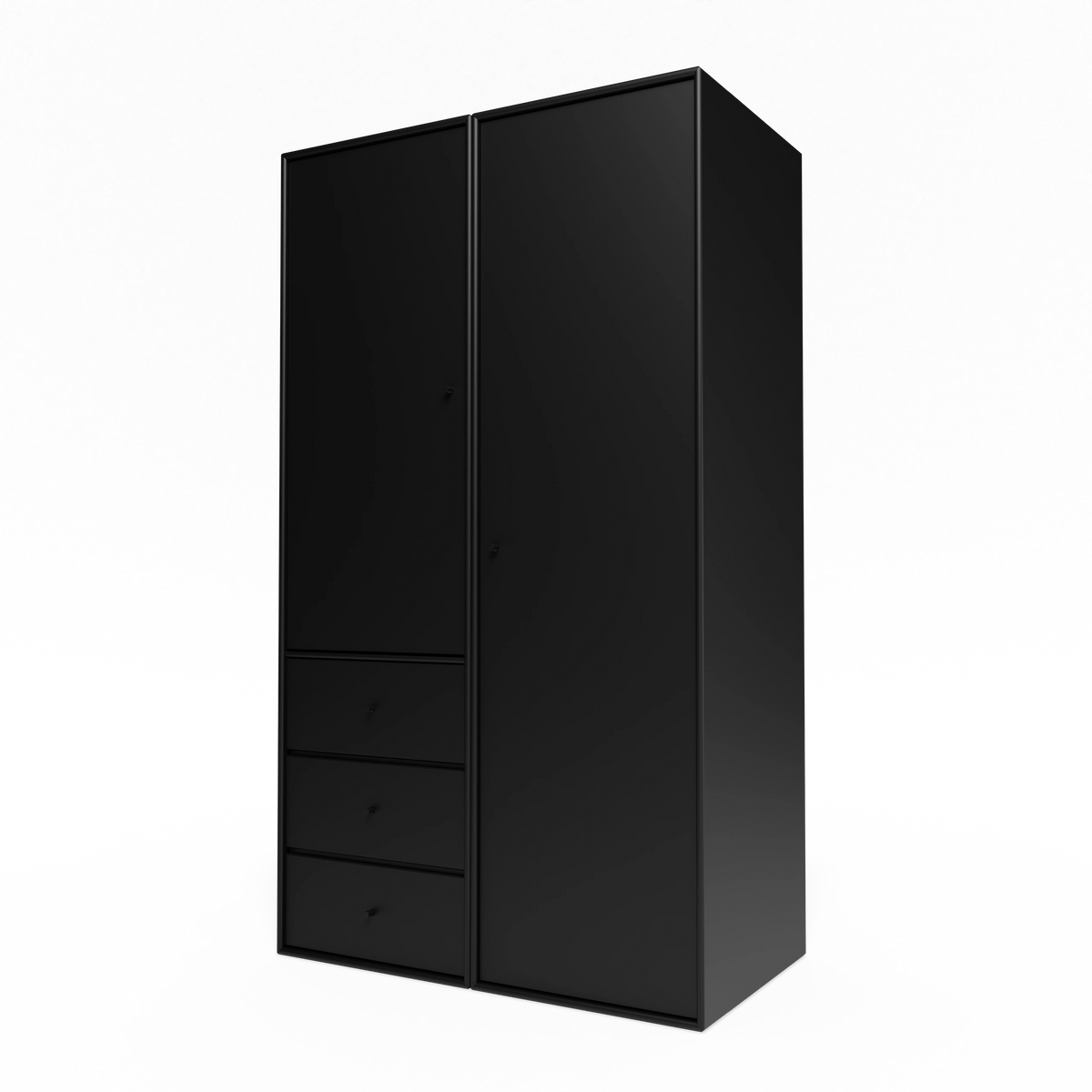 Armoire Attire III Montana, laque 05 Black, suspendu au rail mural, vue de trois quarts sur fond blanc