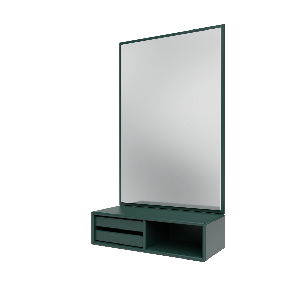 Miroir Glance Montana, laque 163 Black Jade, suspendu au rail mural, vue de trois quarts sur fond blanc