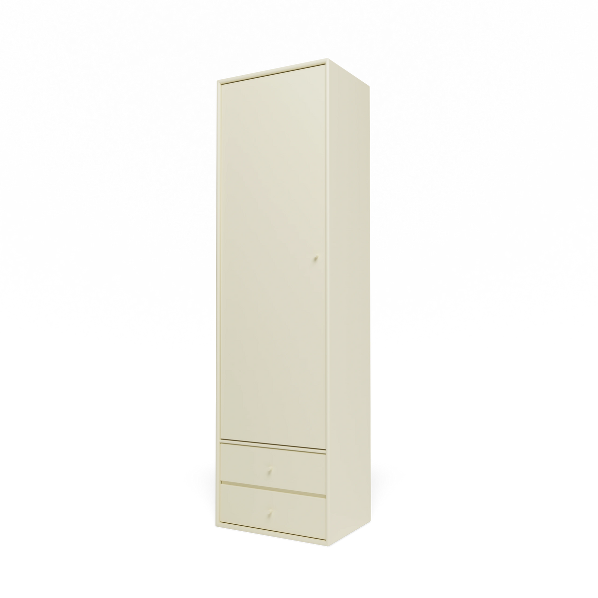 Armoire Attire I Montana, laque 150 Vanilla, suspendu au rail mural, vue de trois quarts sur fond blanc