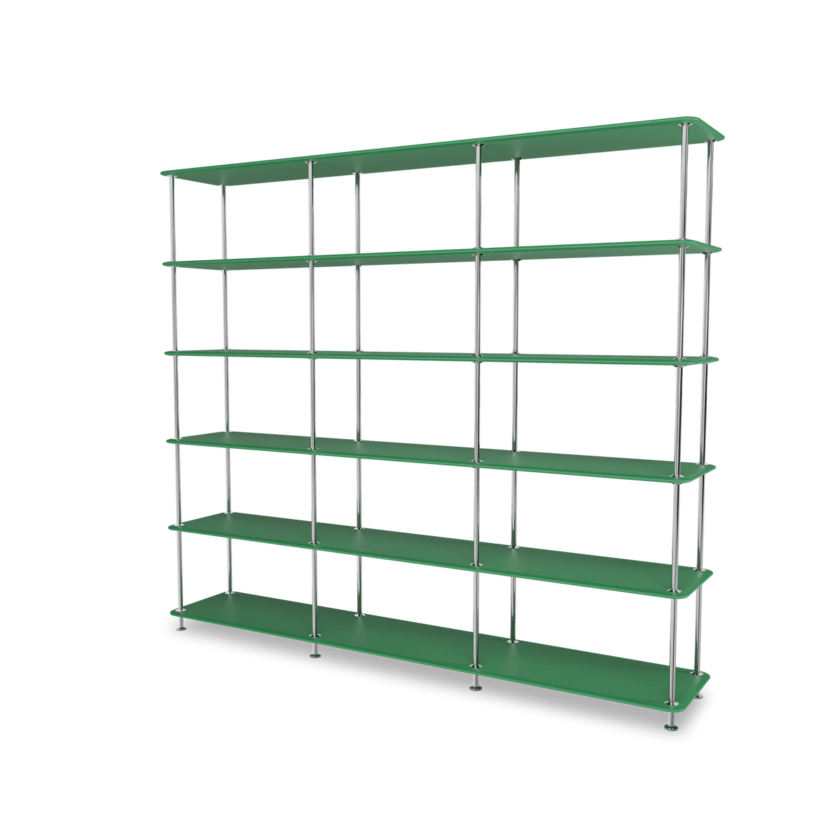 Etagère Free 555000 Montana, tablettes 232 Parsley et structure 44C Chrome, vue de trois quarts sur fond blanc