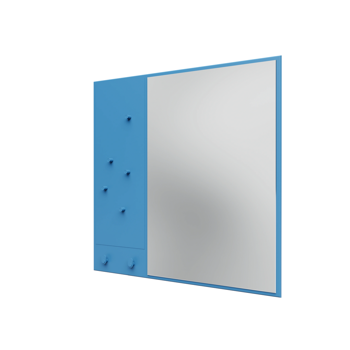 Miroir Memo Montana, laque 154 Azure, suspendu au rail mural, vue de trois quarts sur fond blanc