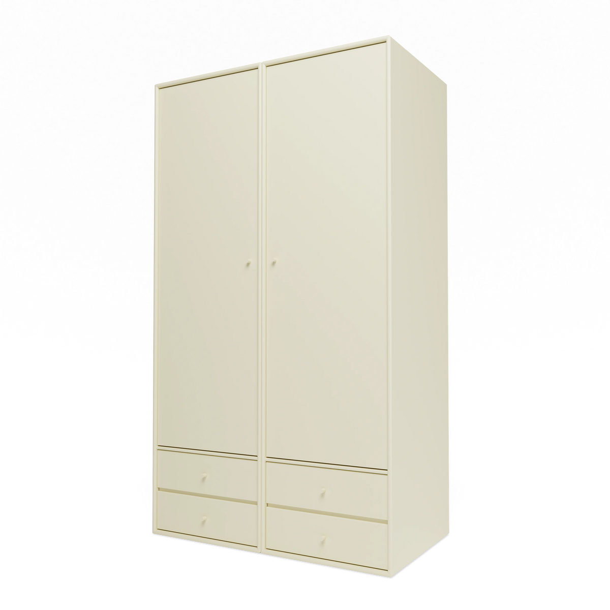 Armoire Attire IV Montana, laque 150 Vanilla, suspendu au rail mural, vue de trois quarts sur fond blanc