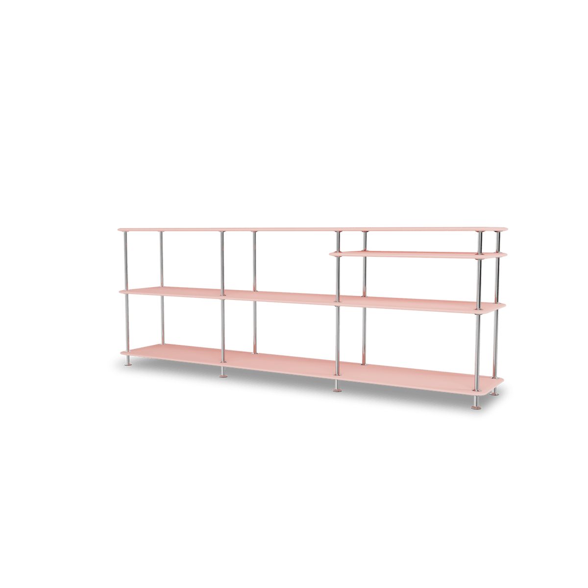 Etagère Free 222100 Montana, tablettes 167 Ruby et structure 44C Chrome, vue de trois quarts sur fond blanc
