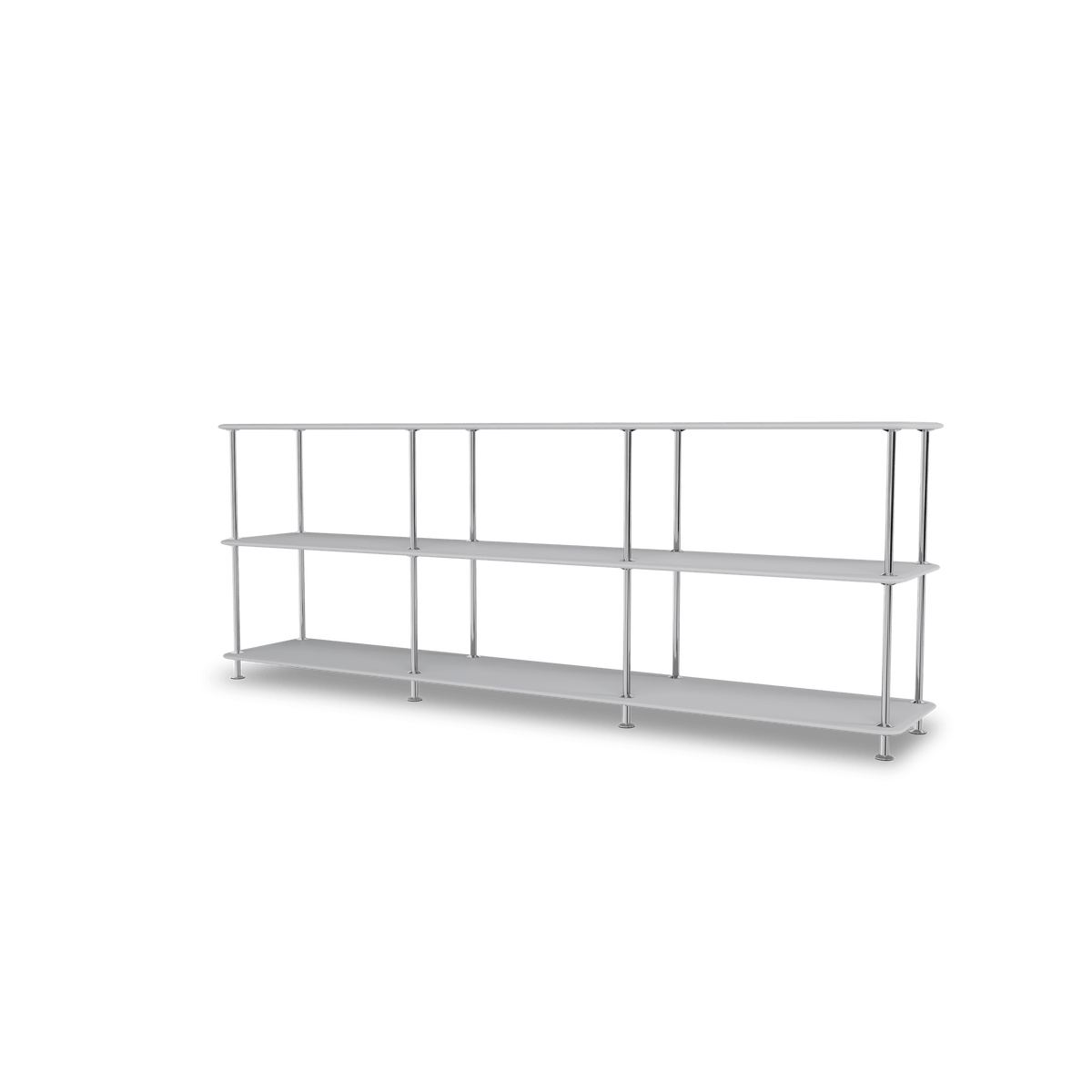 Etagère Free 222000 Montana, tablettes 209 Fjord et structure 44C Chrome, vue de trois quarts sur fond blanc