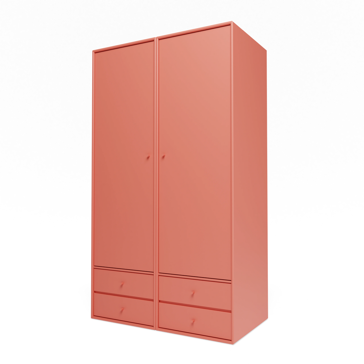 Armoire Attire IV Montana, laque 151 Rhubarb, suspendu au rail mural, vue de trois quarts sur fond blanc