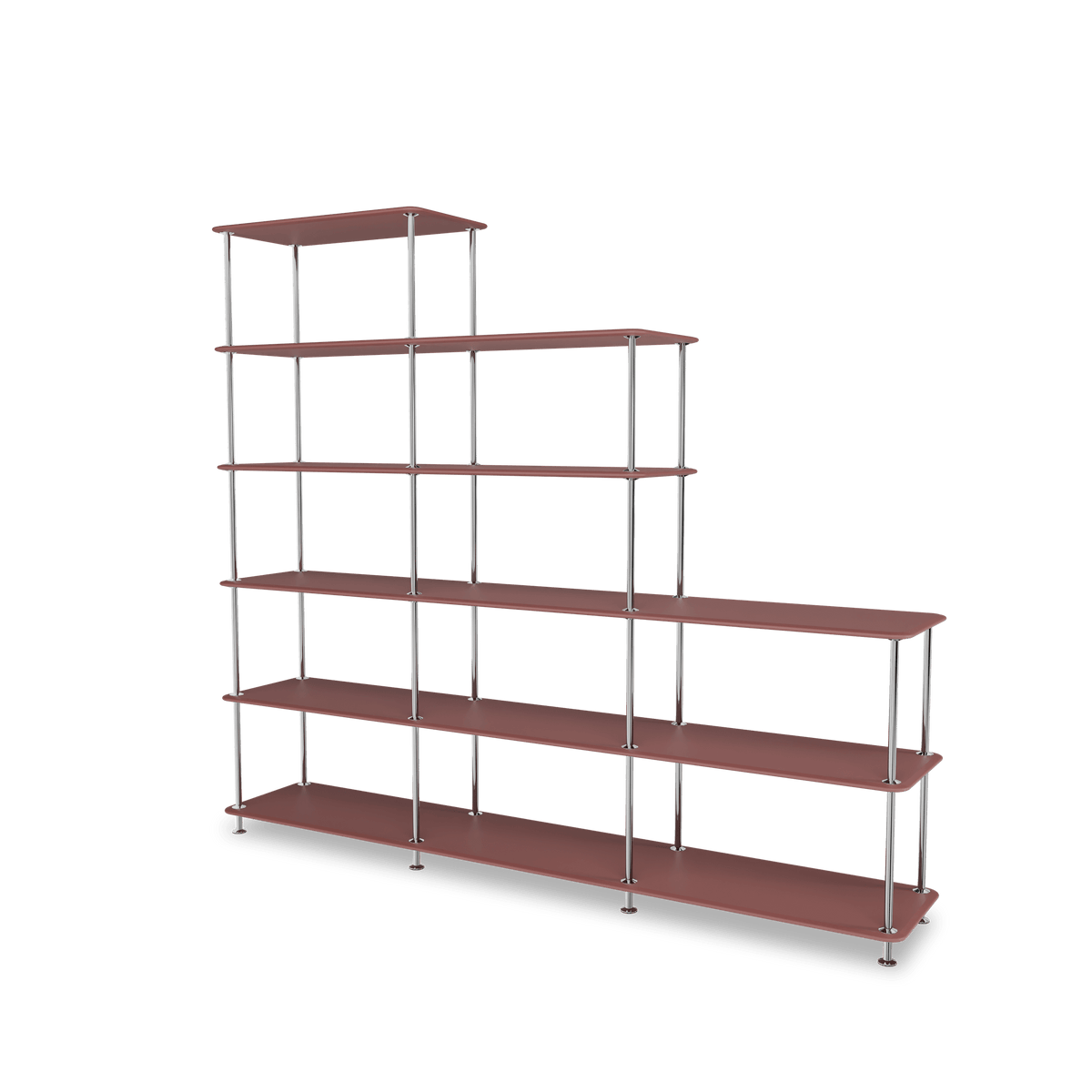 Etagère Free 542000 Montana, tablettes 231 Masala et structure 44C Chrome, vue de trois quarts sur fond blanc