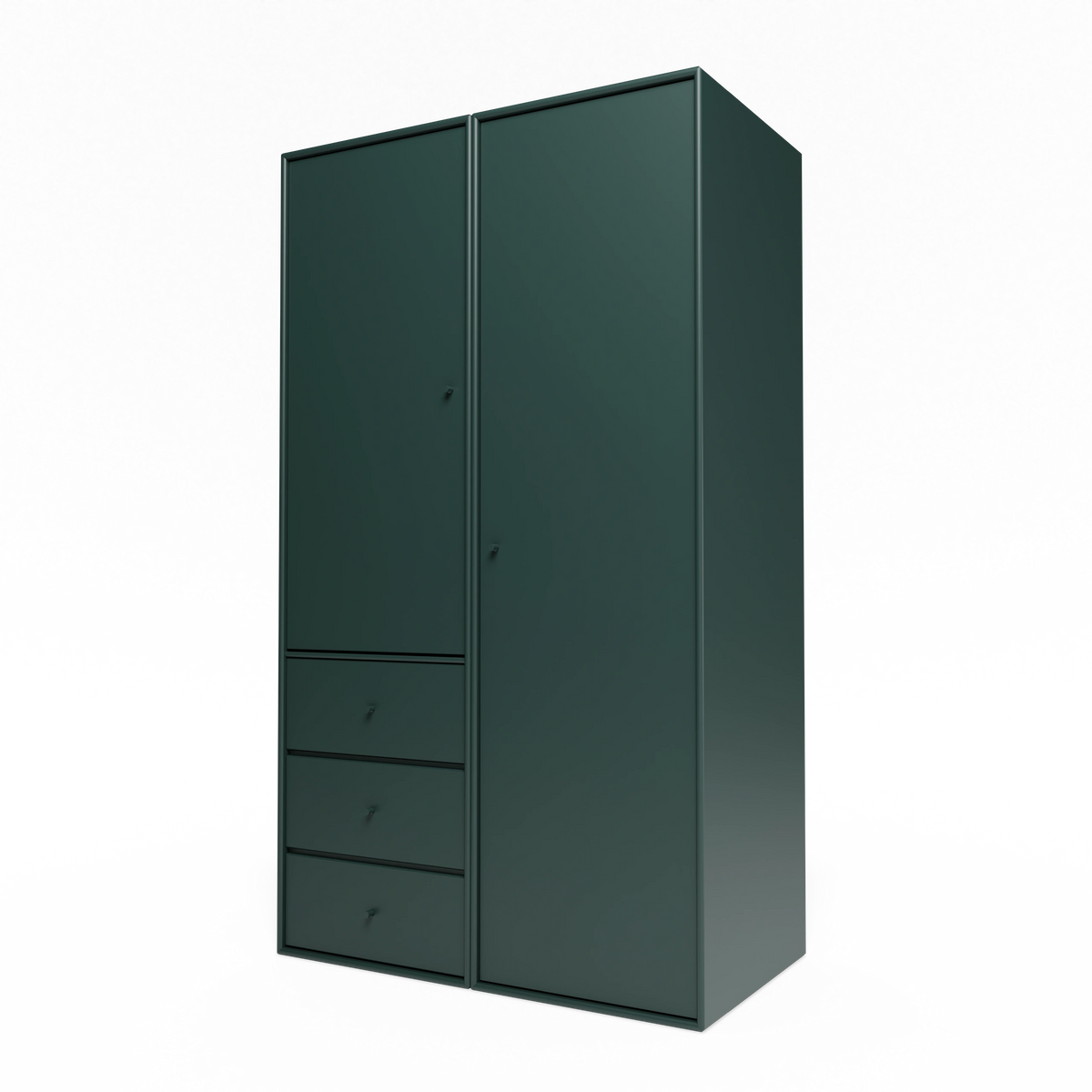 Armoire Attire III Montana, laque 163 Black Jade, suspendu au rail mural, vue de trois quarts sur fond blanc