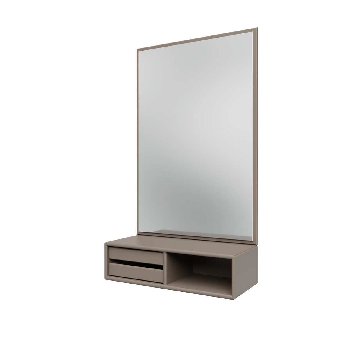 Miroir Glance Montana, laque 141 Truffle, suspendu au rail mural, vue de trois quarts sur fond blanc