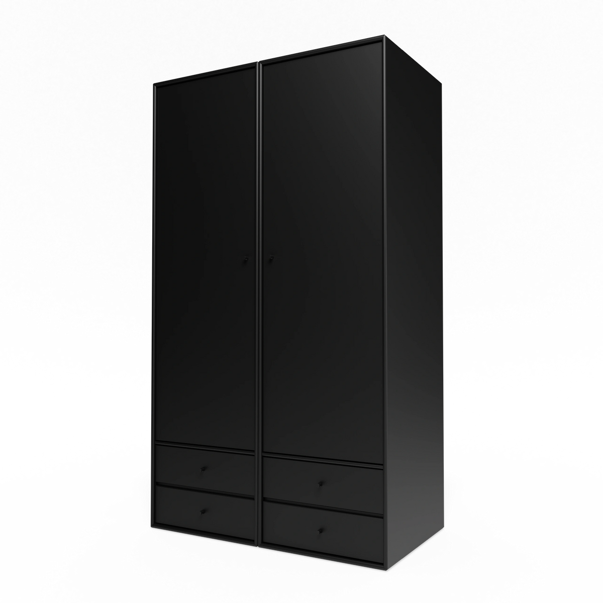 Armoire Attire IV Montana, laque 05 Black, suspendu au rail mural, vue de trois quarts sur fond blanc