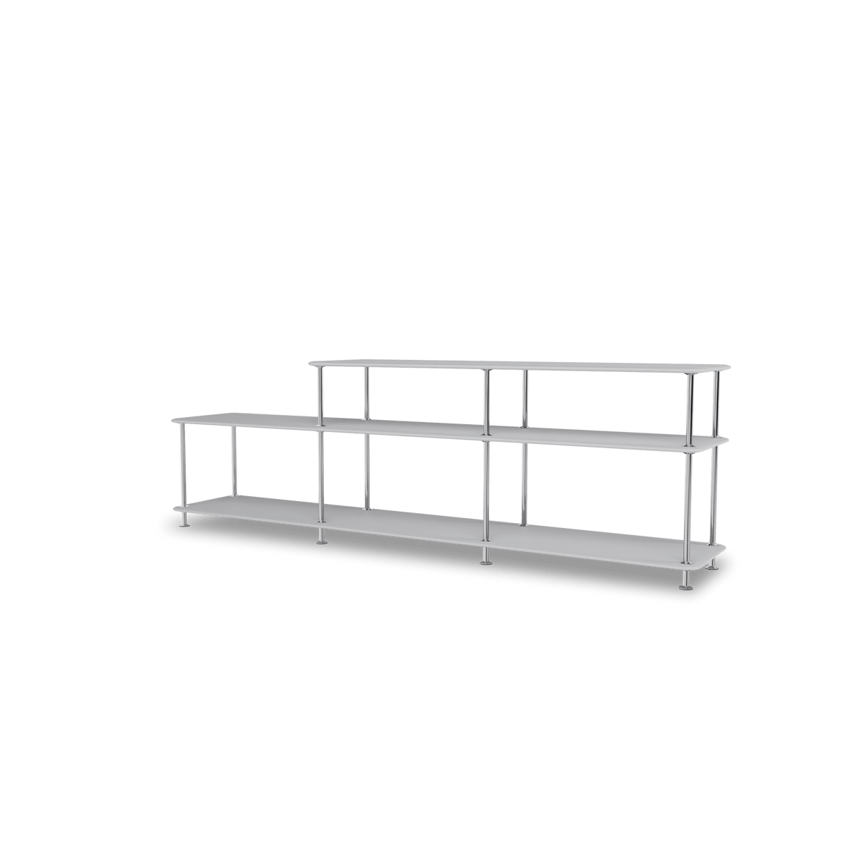 Etagère Free 111220 Montana, tablettes 209 Fjord et structure 44C Chrome, vue de trois quarts sur fond blanc