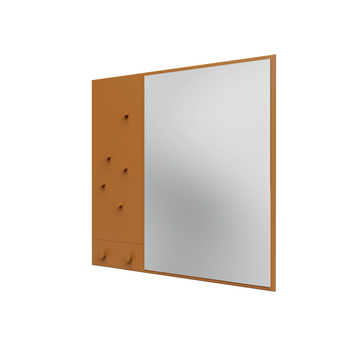 Miroir Memo Montana, laque 142 Amber, suspendu au rail mural, vue de trois quarts sur fond blanc