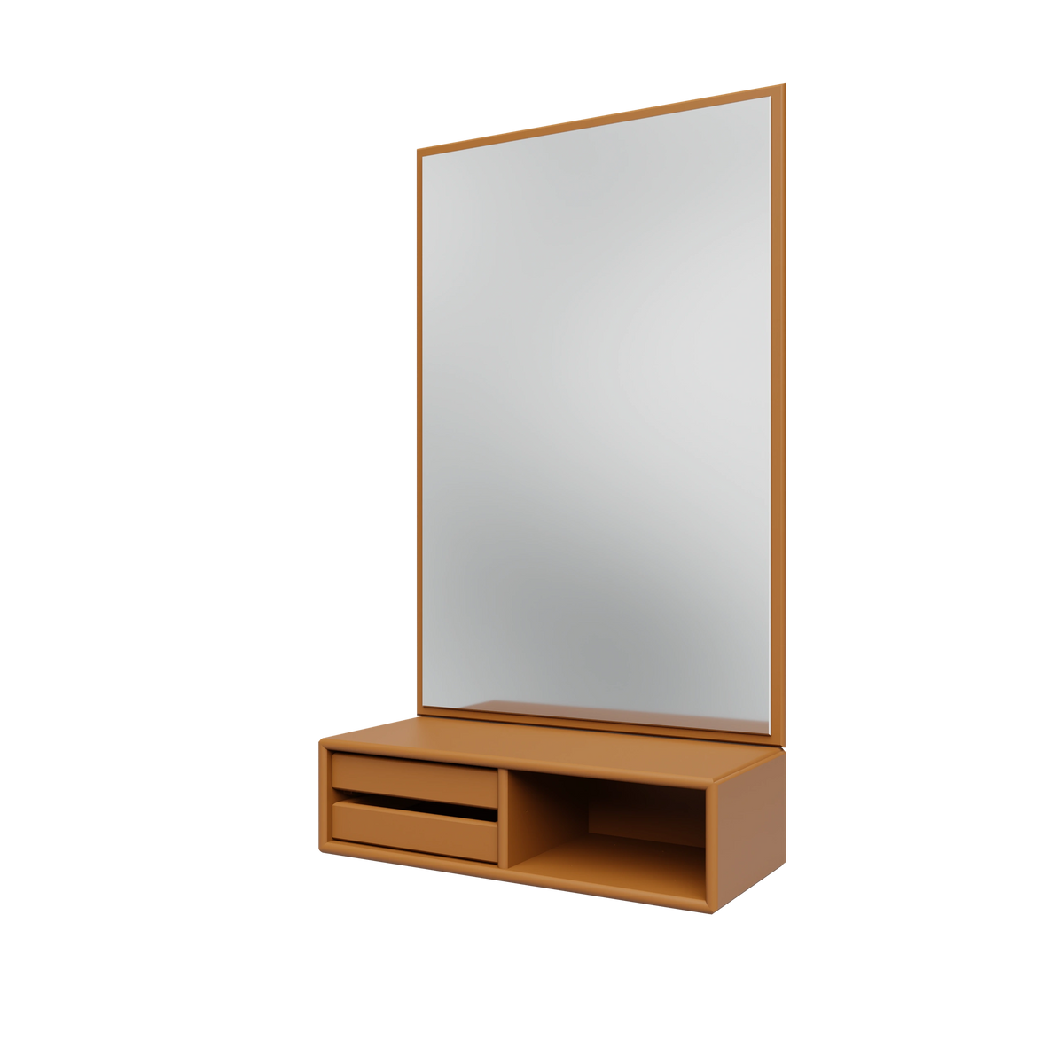 Miroir Glance Montana, laque 142 Amber, suspendu au rail mural, vue de trois quarts sur fond blanc
