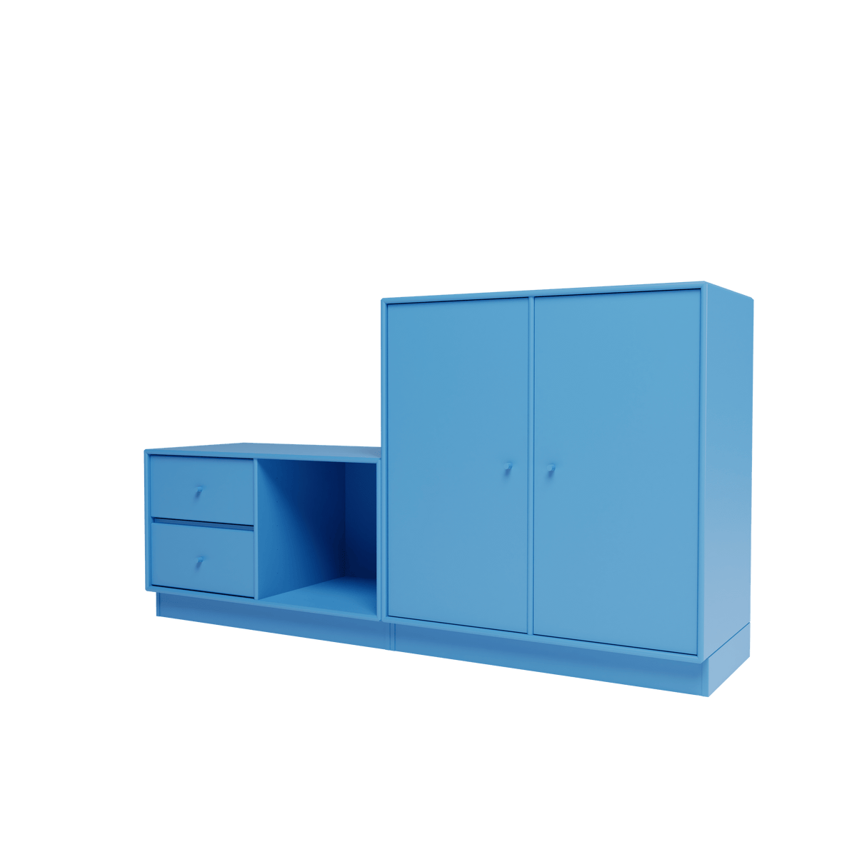 Banc Rest I Montana, laque 154 Azure, sur socle de 7 cm, vue de trois quarts sur fond blanc