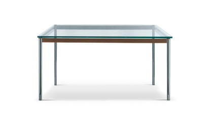 Table 10 en tube (LC10) - Cassina-vue de face, plateau en verre et pieds chromés-Cassina