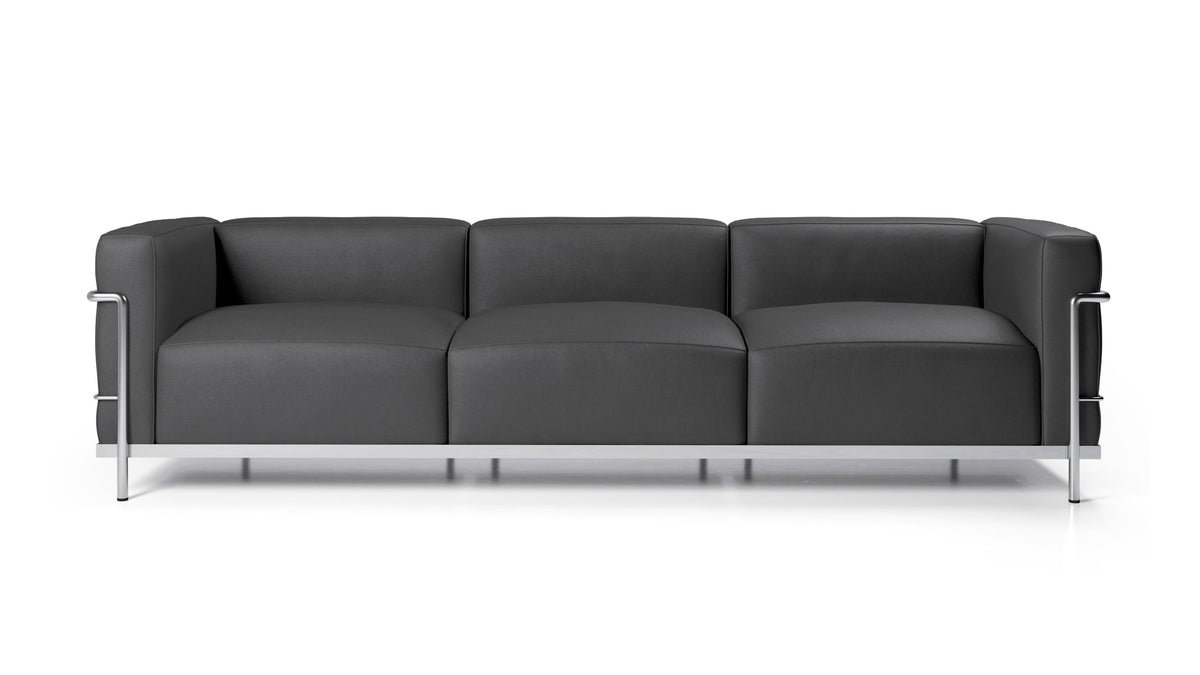 Canapé 3 Grand Confort (LC3) grand modèle, trois places - Cassina-vue de face, cuir noir et cadre chromé-Cassina