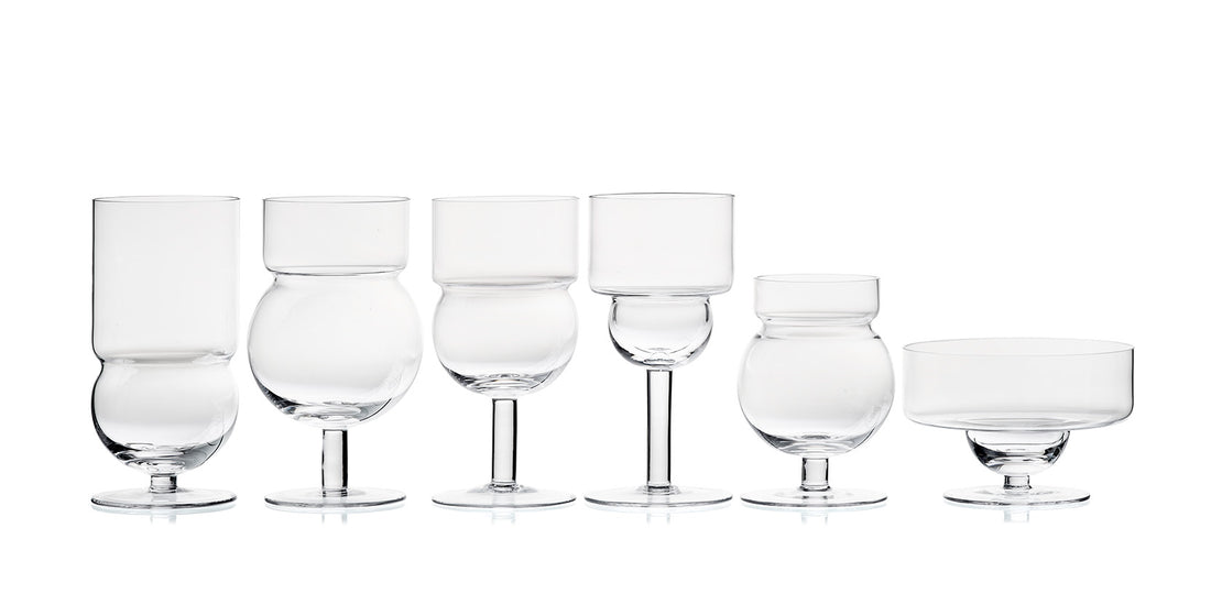 Verres Sferico de Joe Colombo - Cassina-six verres transparents de formes différentes alignés-Cassina
