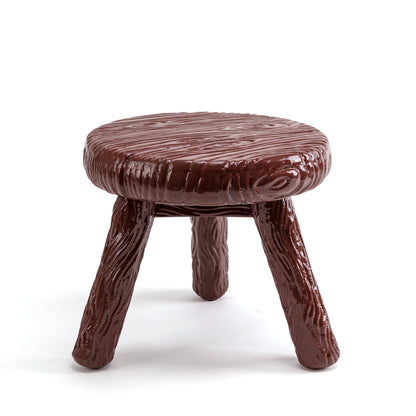 Tabouret Milk Blow brun de Studio Job - Seletti-tabouret trois pieds à texture de bois brun, vue de face-Seletti