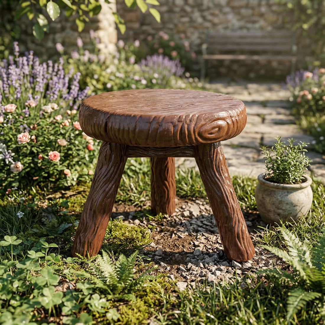 Tabouret Milk Blow brun de Studio Job - Seletti-tabouret brun posé sur une allée de jardin, entre les plantes-Seletti