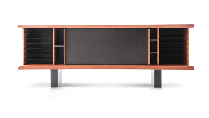 Enfilade 513 Riflesso de Charlotte Perriand - Cassina-packshot laqué noir et bordeaux, portes en aluminium-The Woods Gallery