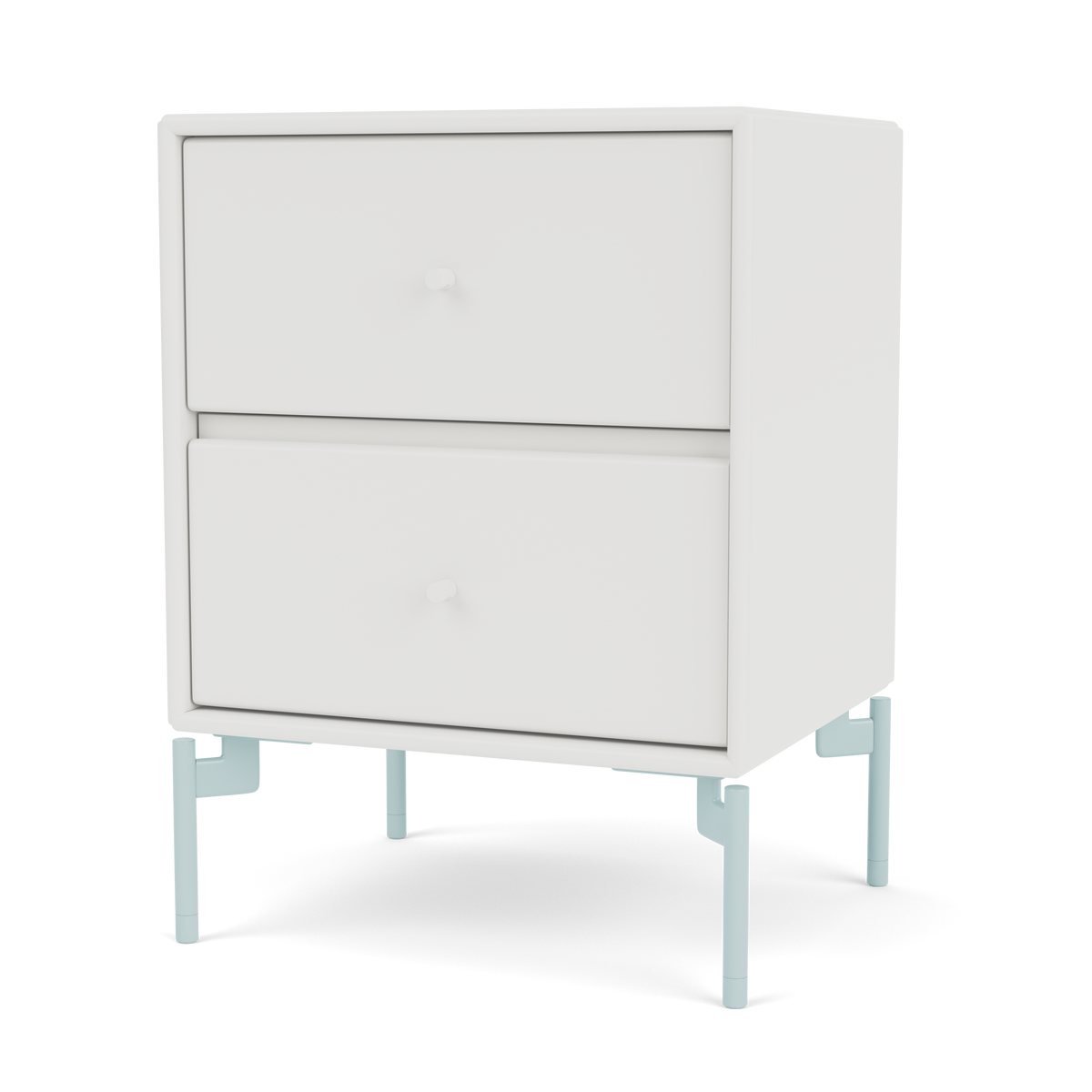 Table de chevet Drift par Peter J. Lassen, laque 01 White, sur pieds 148 Flint, packshot Montana