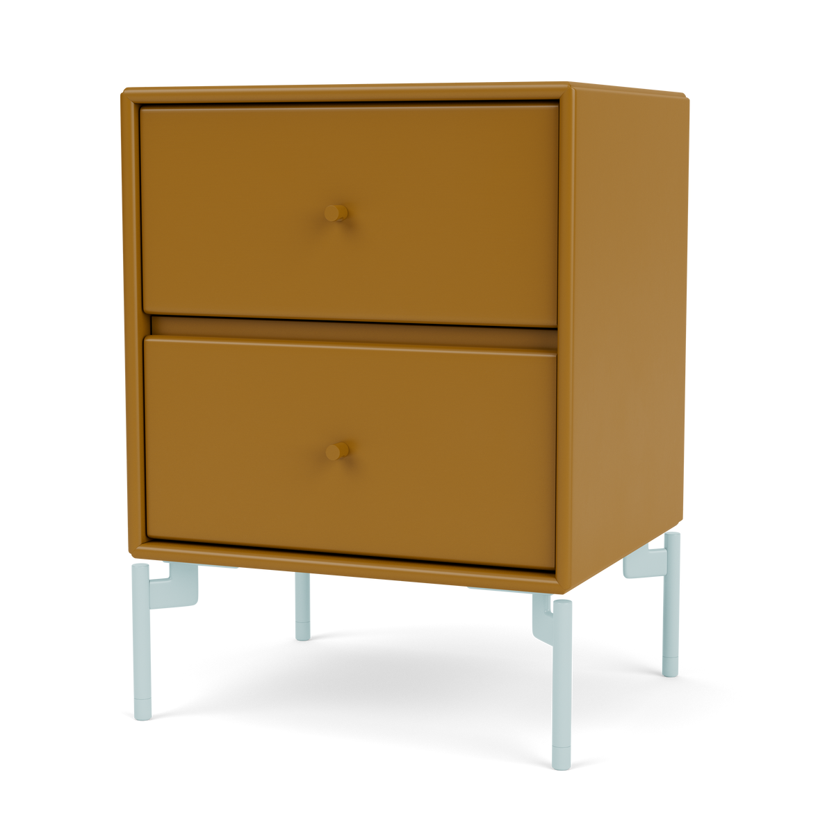 Table de chevet Drift par Peter J. Lassen, laque 142 Amber, sur pieds 148 Flint, packshot Montana