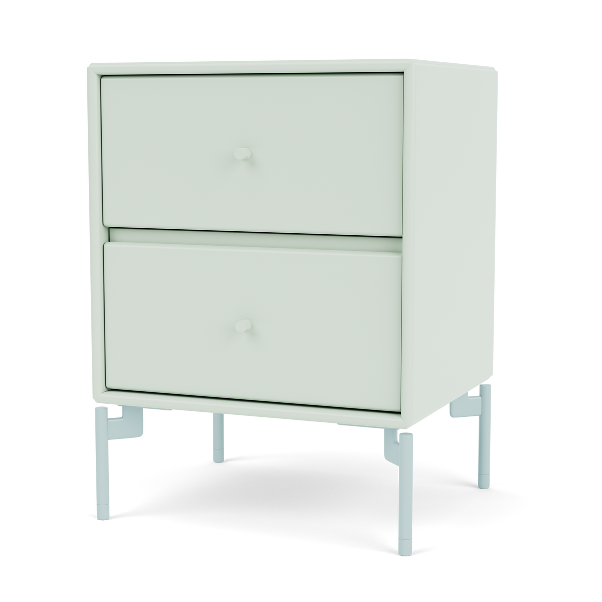 Table de chevet Drift par Peter J. Lassen, laque 161 Mist, sur pieds 148 Flint, packshot Montana