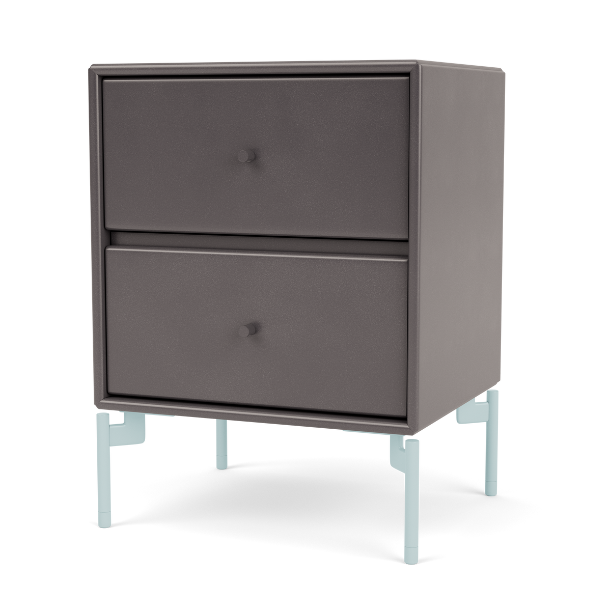 Table de chevet Drift par Peter J. Lassen, laque 35 Coffee, sur pieds 148 Flint, packshot Montana