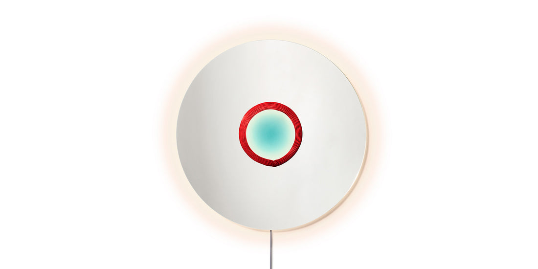 Miroir No Vanitas de Patricia Urquiola - Cassina-miroir rond rétroéclairé, centre turquoise et anneau rouge-Cassina
