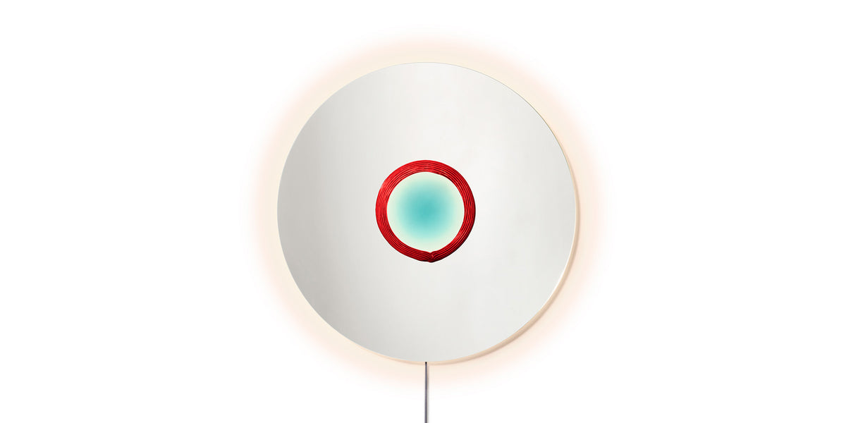 Miroir No Vanitas de Patricia Urquiola - Cassina-miroir rond rétroéclairé, centre turquoise et anneau rouge-Cassina