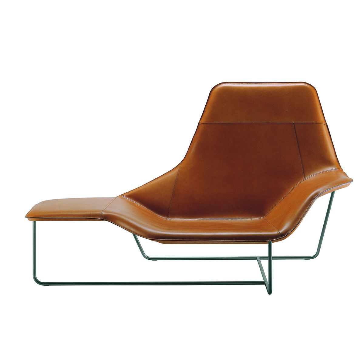 Chaise Longue Lama par Ludovica+Roberto Palomba - Zanotta-cuir fauve sur piètement filaire, de trois quarts-The Woods Gallery