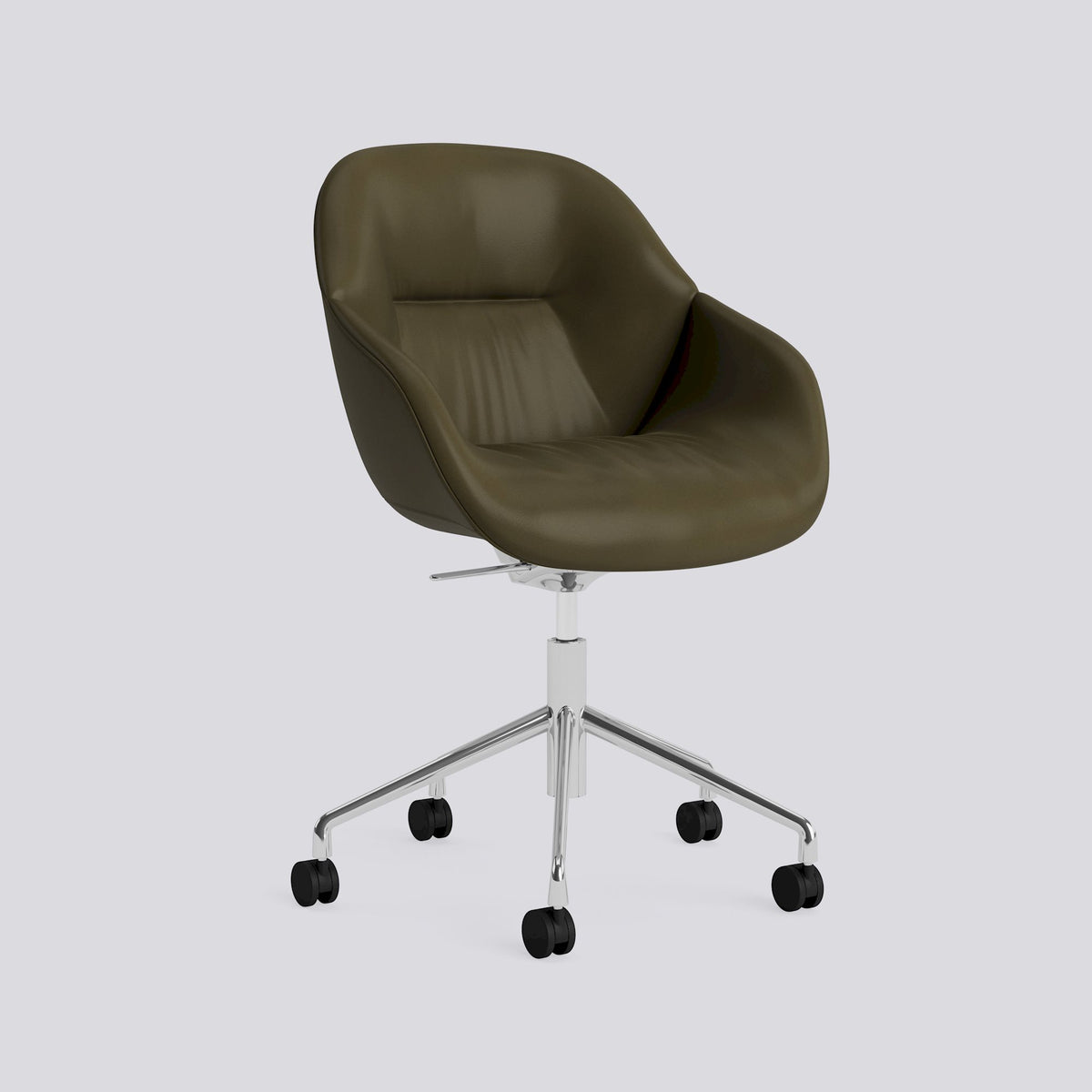 Chaise de bureau About A Chair AAC 155 de Hee Welling - Hay-Garnissage intégral matelassé Sense Forest, aluminium poli, piètement pivotant 5 branches à roulettes, vérin et bascule-The Woods Gallery