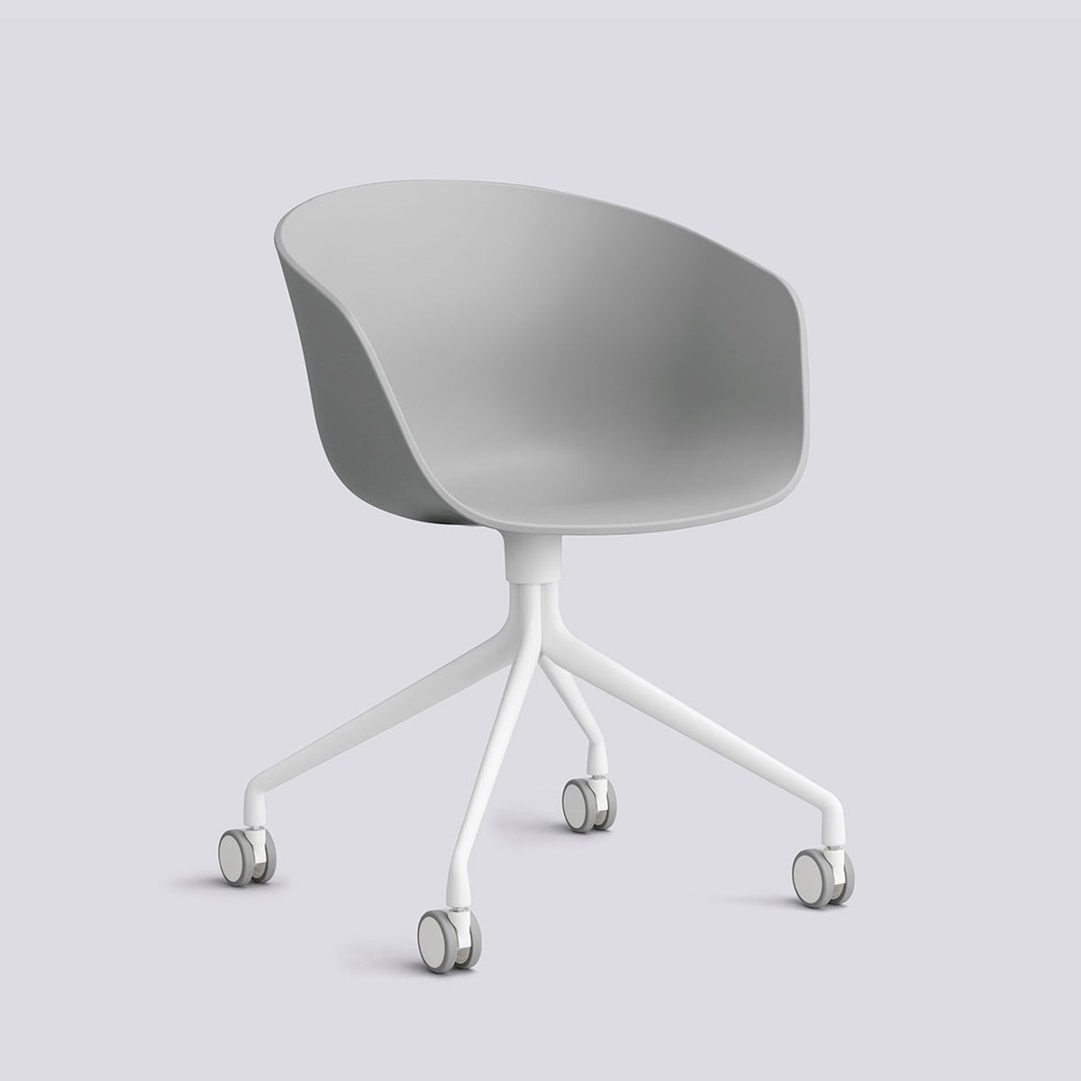 Chaise de bureau About A Chair AAC 24 de Hee Welling - Hay-Polypropylène recyclé Concrete grey, aluminium thermolaqué blanc, piètement pivotant 4 branches à roulettes-The Woods Gallery