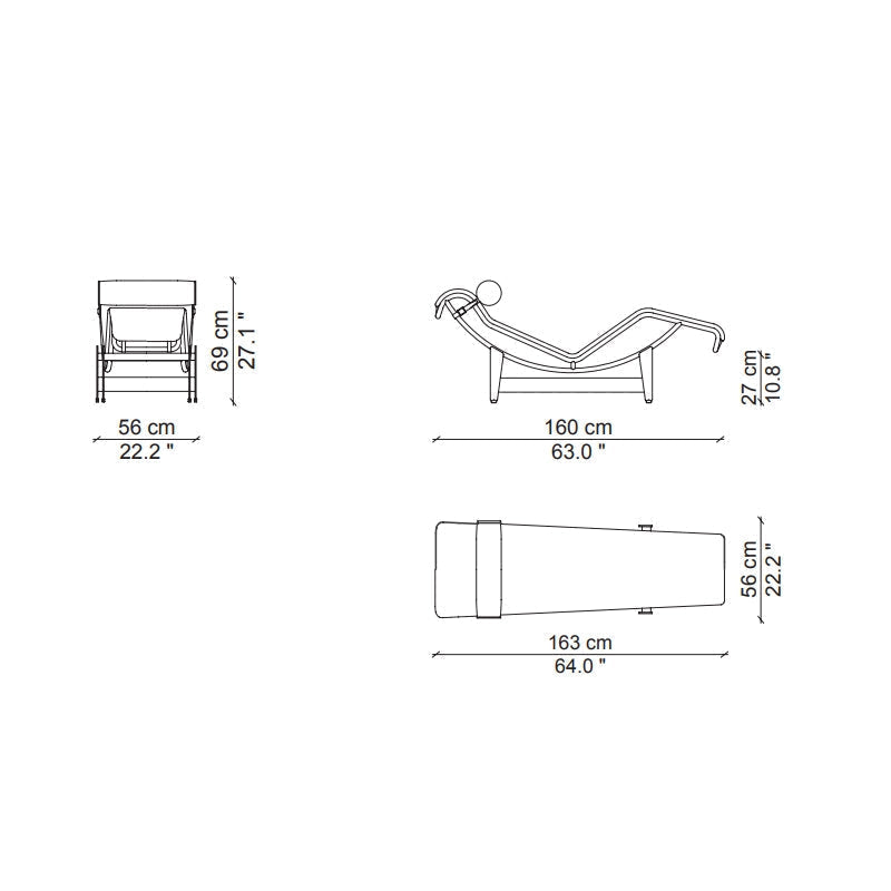 Chaise longue "4" en cuir - Cassina-schéma coté de face, de profil et de dessus-Cassina