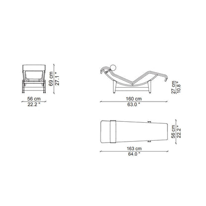 Chaise longue "4" en cuir - Cassina-schéma coté de face, de profil et de dessus-Cassina