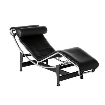 Chaise longue "4" en cuir - Cassina-vue de trois quarts, cuir noir et acier chromé-Cassina